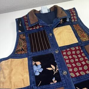 Vintage Signature by Jerell Womens Vest Large Mixed Media Patchwork Crop Artsy
